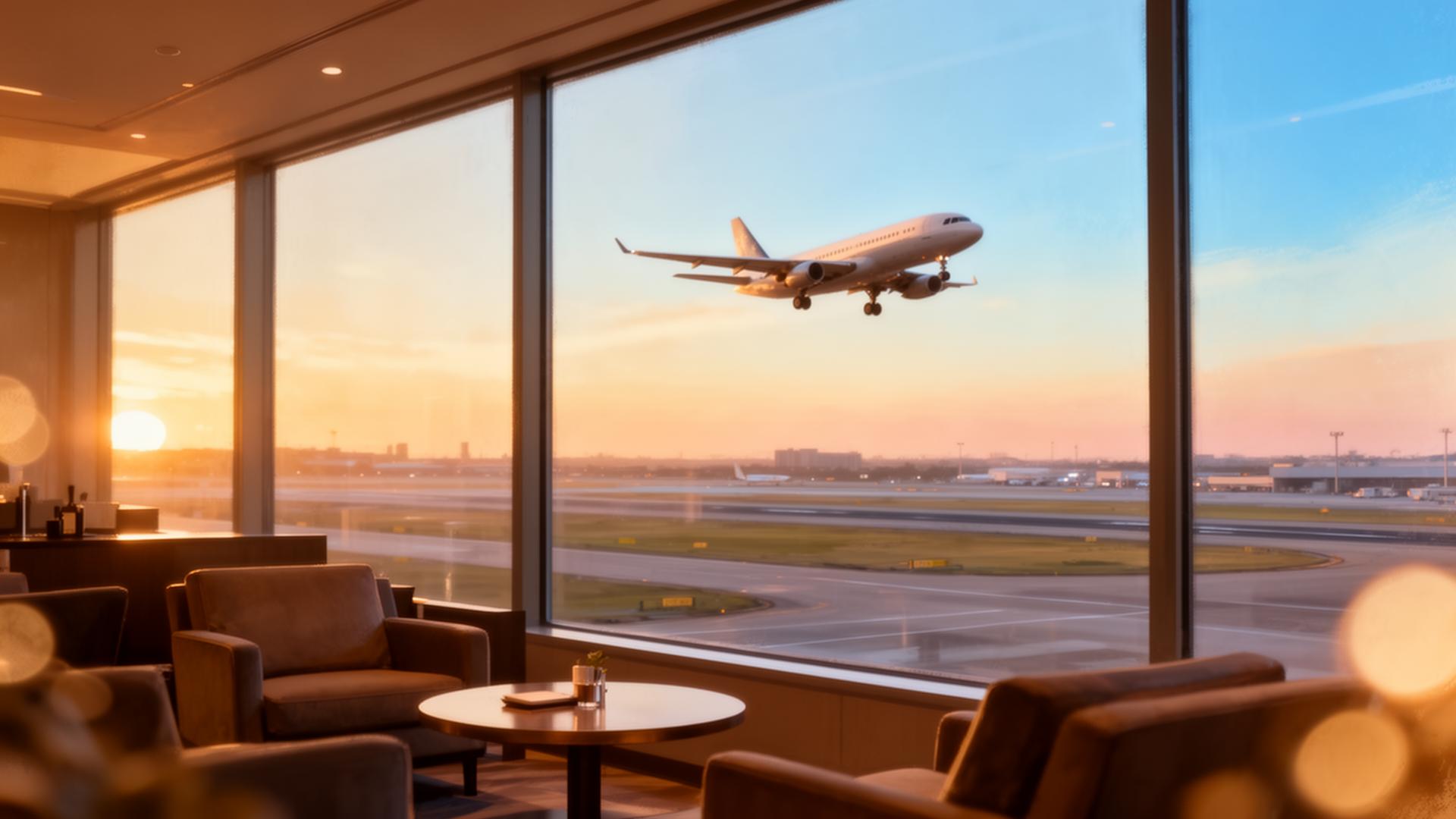 Airport lounge at sunset with airplane taking off