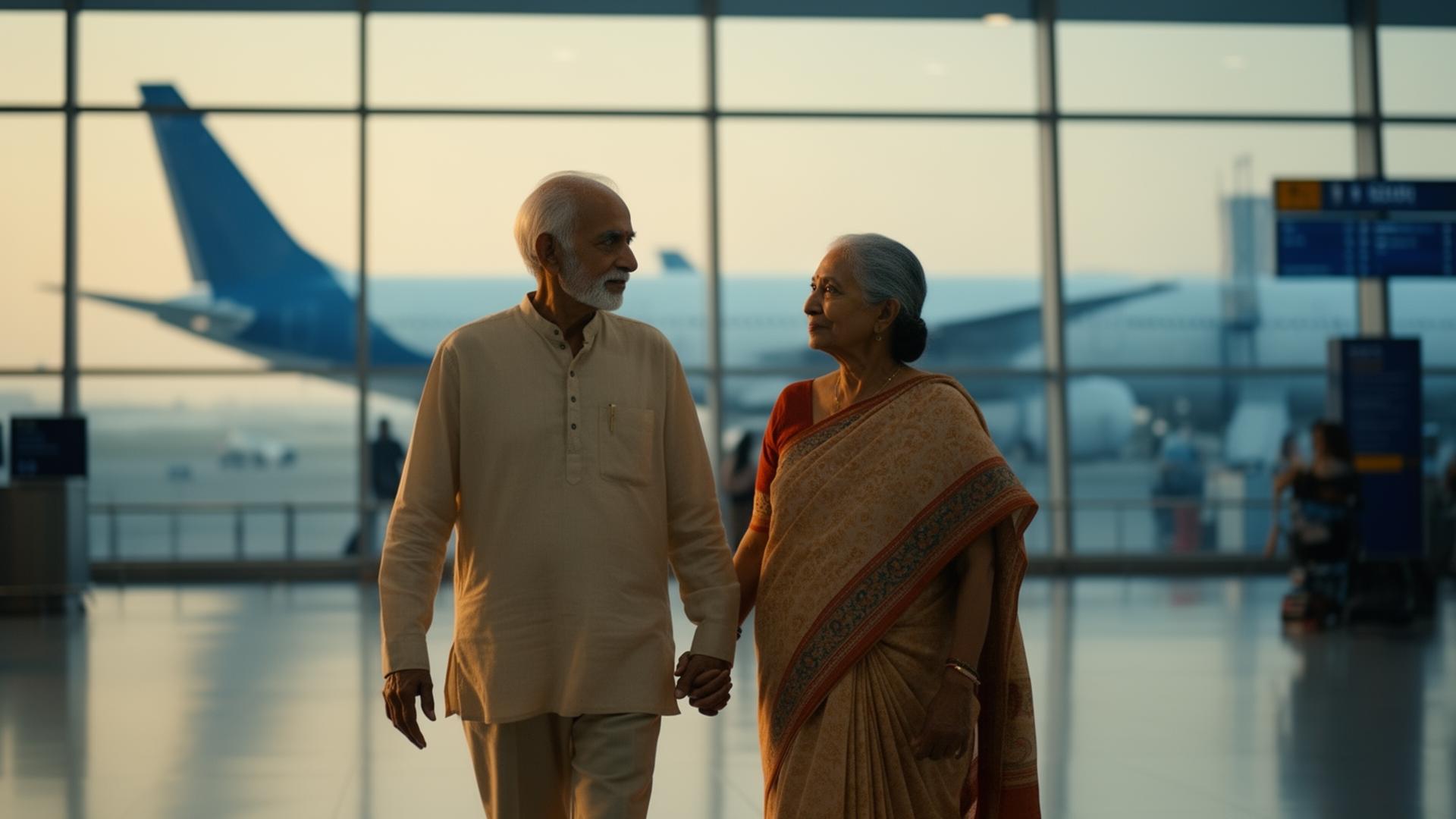 Elderly Indian parents holding hands at an airport terminal with an airplane in the background