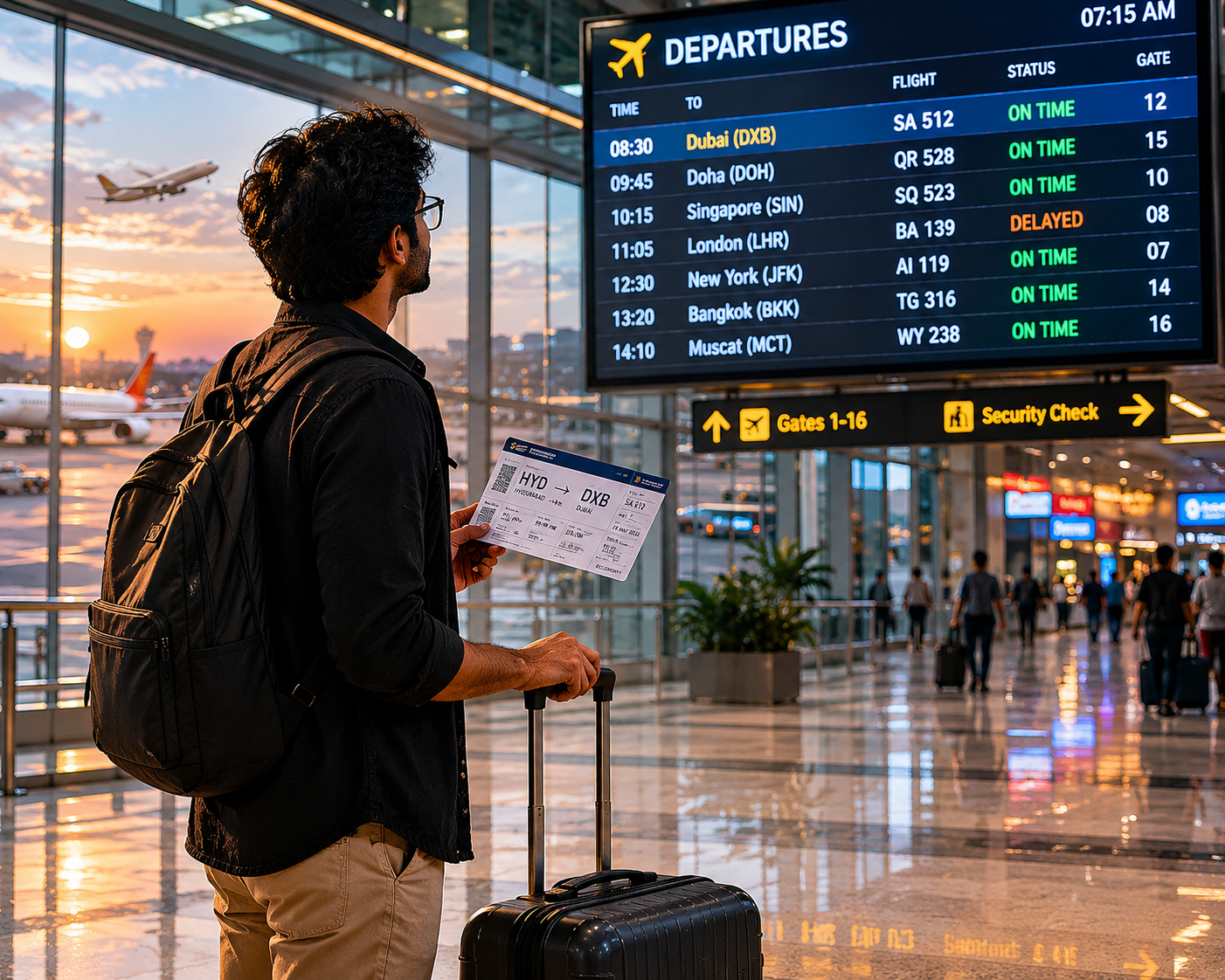 Traveler at airport departure board with boarding pass and luggage