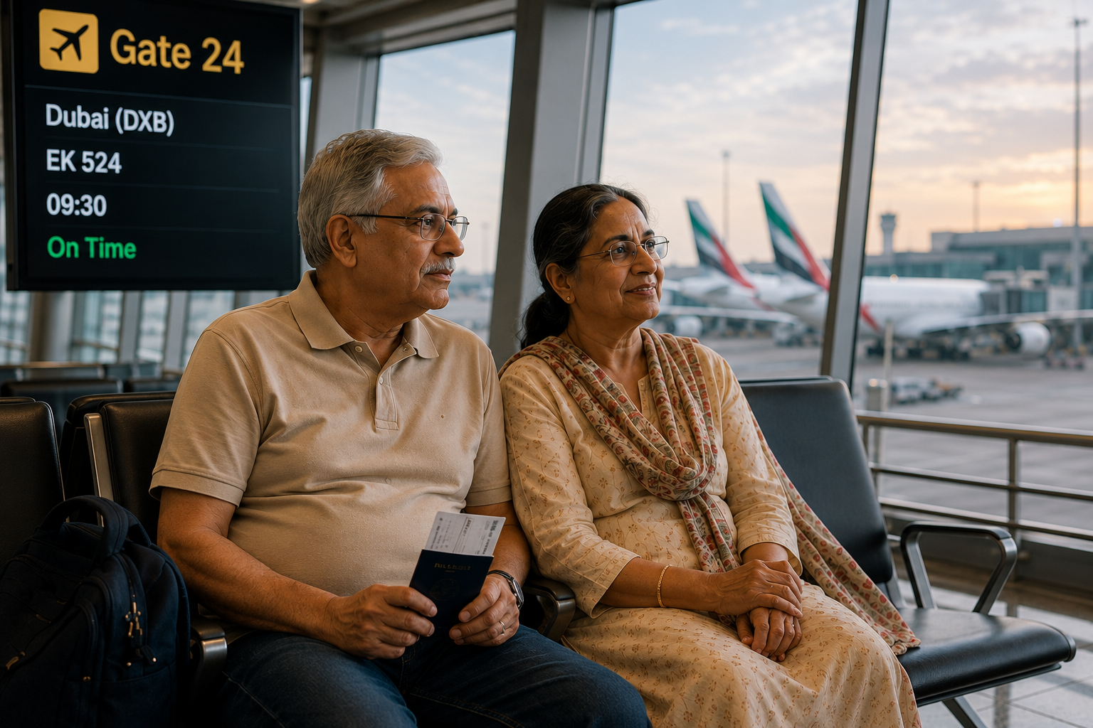 Elderly Indian parents seated at airport gate waiting to board their flight